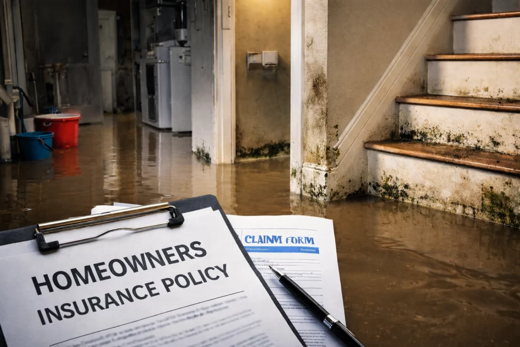 Flooded New Jersey Basement with water damage affecting flooring and structural materials